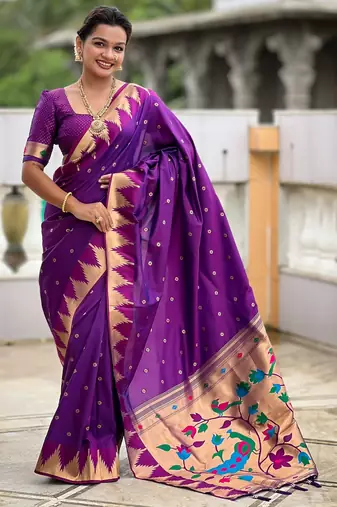 Magenta sophisticated paithani silk blend woven jacquard meenakari saree