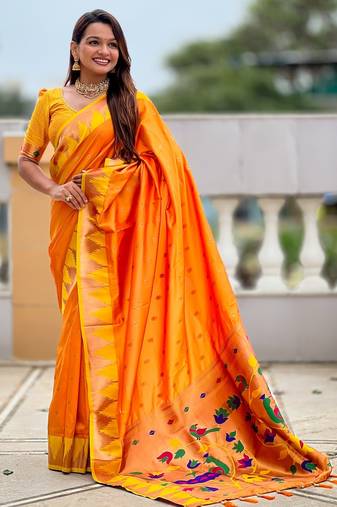 Orange color sophisticated paithani silk fabric woven jacquard meenakari designer saree