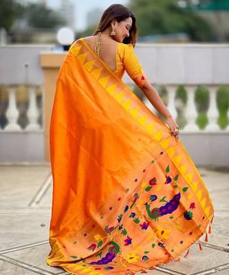 Orange sophisticated paithani silk blend woven jacquard meenakari saree 2