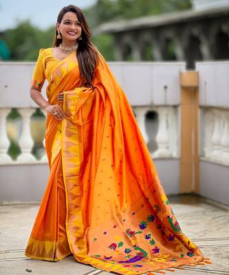 Orange sophisticated paithani silk blend woven jacquard meenakari saree 4