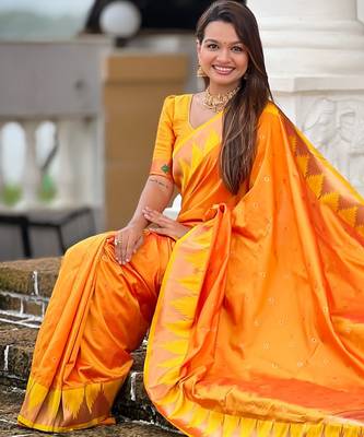 Orange sophisticated paithani silk blend woven jacquard meenakari saree 5