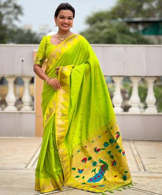 Parrot green sophisticated paithani silk blend woven jacquard meenakari saree 1