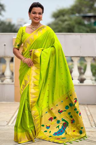 Parrot green color sophisticated paithani silk fabric woven jacquard meenakari designer saree