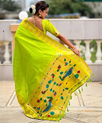 Parrot green sophisticated paithani silk blend woven jacquard meenakari saree 2