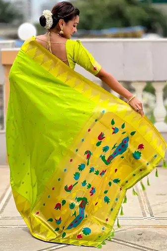 Parrot green sophisticated paithani silk blend woven jacquard meenakari saree