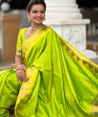 Parrot green sophisticated paithani silk blend woven jacquard meenakari saree 3