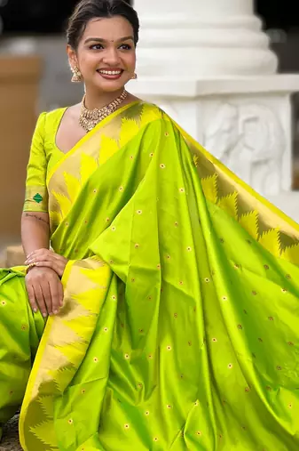 Parrot green sophisticated paithani silk blend woven jacquard meenakari saree