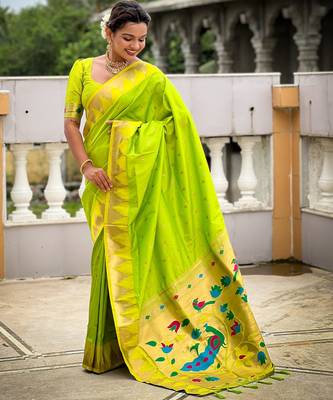 Parrot green sophisticated paithani silk blend woven jacquard meenakari saree 4