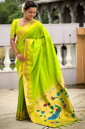 Parrot green sophisticated paithani silk blend woven jacquard meenakari saree