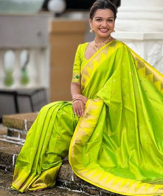 Parrot green sophisticated paithani silk blend woven jacquard meenakari saree 5