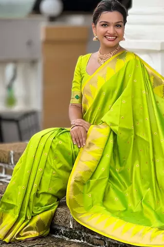 Parrot green sophisticated paithani silk blend woven jacquard meenakari saree