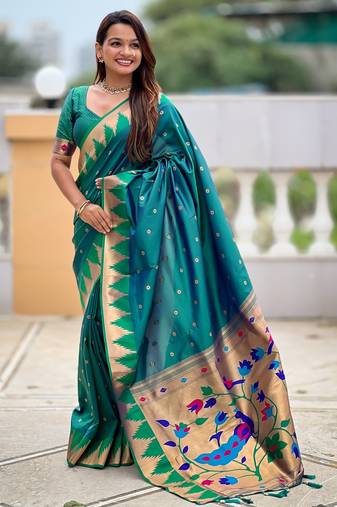 Rama color sophisticated paithani silk fabric woven jacquard meenakari designer saree