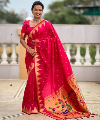 Pink sophisticated paithani silk blend woven jacquard meenakari saree 1