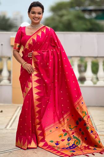 Pink color sophisticated paithani silk fabric woven jacquard meenakari designer saree