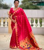 Pink color sophisticated paithani silk fabric woven jacquard meenakari saree