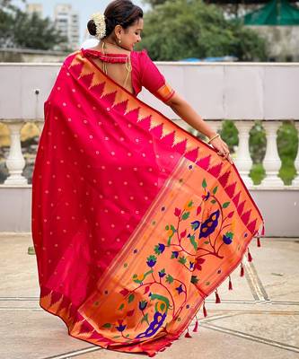 Pink sophisticated paithani silk blend woven jacquard meenakari saree 2