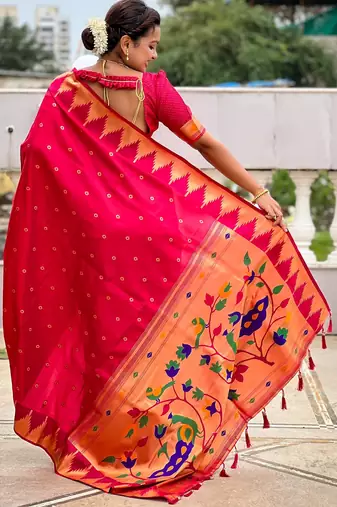 Pink sophisticated paithani silk blend woven jacquard meenakari saree