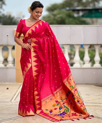 Pink sophisticated paithani silk blend woven jacquard meenakari saree 4