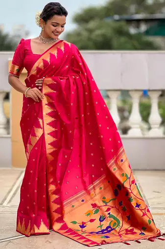 Pink sophisticated paithani silk blend woven jacquard meenakari saree