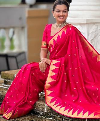 Pink sophisticated paithani silk blend woven jacquard meenakari saree 5