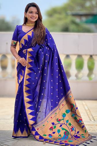 Royal blue color sophisticated paithani silk fabric woven jacquard meenakari designer saree