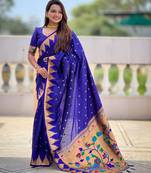 Royal blue color sophisticated paithani silk fabric woven jacquard meenakari saree