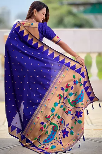 Royal blue sophisticated paithani silk blend woven jacquard meenakari saree