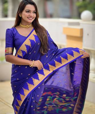 Royal blue sophisticated paithani silk blend woven jacquard meenakari saree 3