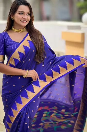 Royal blue sophisticated paithani silk blend woven jacquard meenakari saree