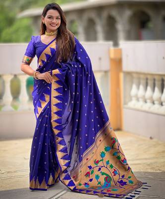 Royal blue sophisticated paithani silk blend woven jacquard meenakari saree 4