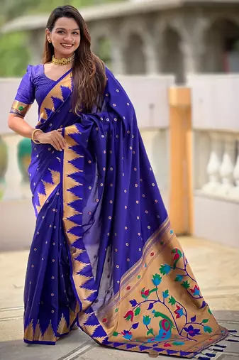 Royal blue sophisticated paithani silk blend woven jacquard meenakari saree