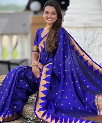 Royal blue sophisticated paithani silk blend woven jacquard meenakari saree 5