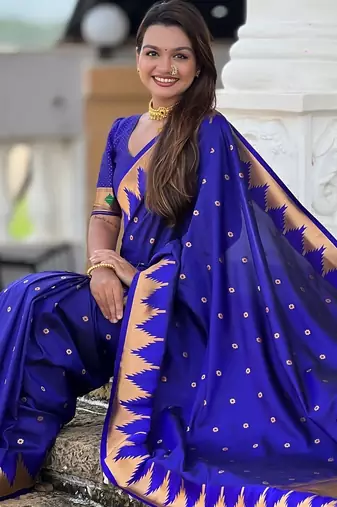 Royal blue sophisticated paithani silk blend woven jacquard meenakari saree