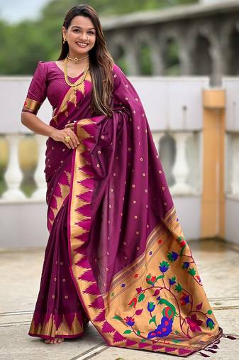 Wine color sophisticated paithani silk fabric woven jacquard meenakari designer saree