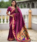 Wine color sophisticated paithani silk fabric woven jacquard meenakari saree