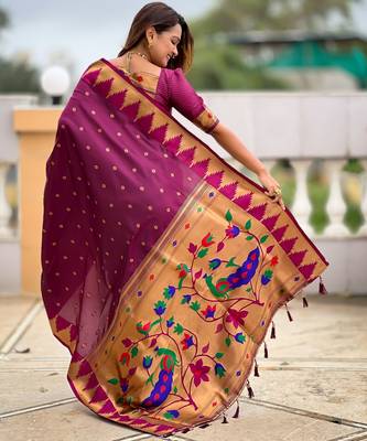 Wine sophisticated paithani silk blend woven jacquard meenakari saree 2
