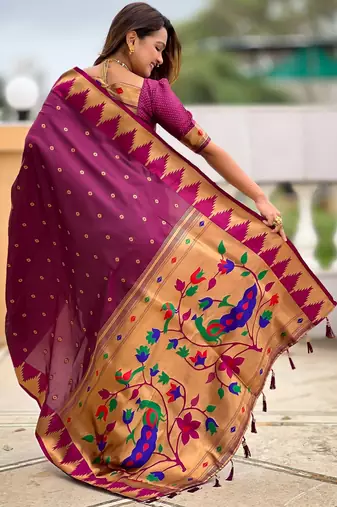 Wine sophisticated paithani silk blend woven jacquard meenakari saree