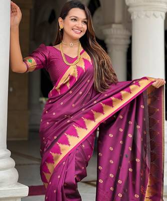 Wine sophisticated paithani silk blend woven jacquard meenakari saree 3