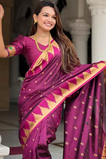 Wine sophisticated paithani silk blend woven jacquard meenakari saree
