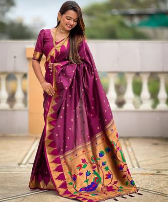 Wine sophisticated paithani silk blend woven jacquard meenakari saree 4