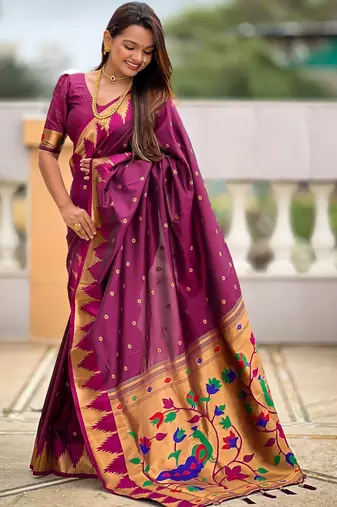 Wine sophisticated paithani silk blend woven jacquard meenakari saree