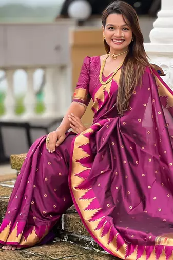Wine sophisticated paithani silk blend woven jacquard meenakari saree