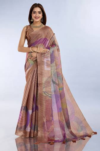 Brown color blended cotton fabric designer digital printed casual girlie saree