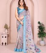Purple color linen cotton fabric printed formal looks sophisticated saree