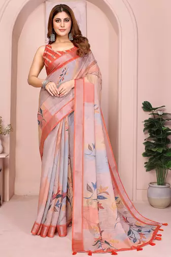 Grey color linen cotton fabric designer printed formal looks sophisticated saree