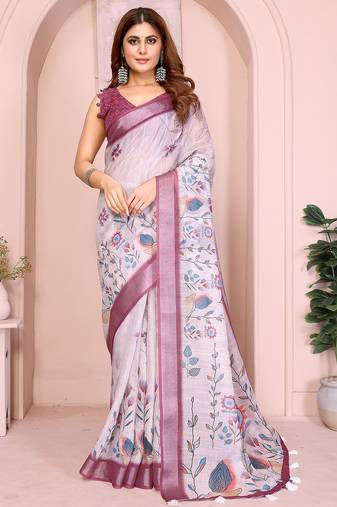 Off white color linen cotton fabric designer printed formal looks sophisticated saree