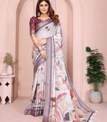 Off white color linen cotton fabric printed formal looks sophisticated saree