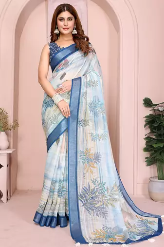 Off white color linen cotton fabric designer printed formal looks sophisticated saree