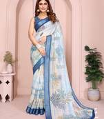 Off white color linen cotton fabric printed formal looks sophisticated saree
