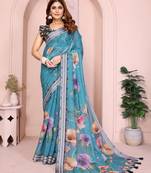 Green color linen cotton fabric printed formal looks sophisticated saree